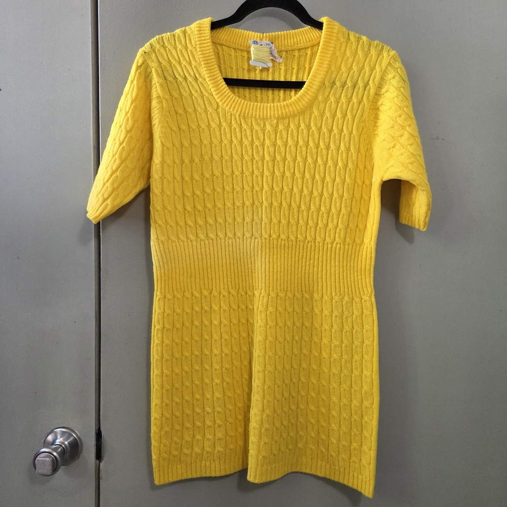 Mindfully Mended Vtg 70s Sweater M Canary Yellow Cable Knit Babydoll Y2K Twee